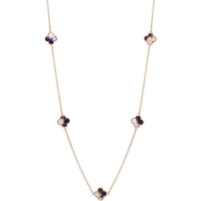 18ct Rose Gold Blue John bloom Four Leaf Clover Ball Edge Necklace