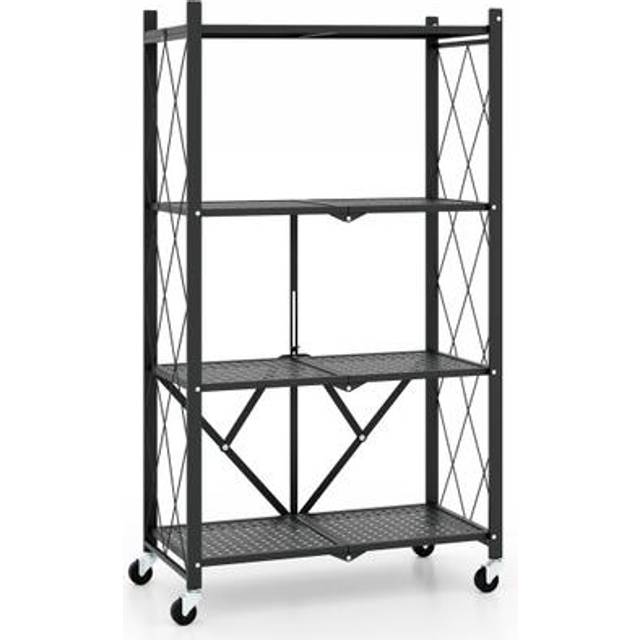 Costway 4-tier Metal Foldable Collapsible Storage Rack With Lockable Wheels-black, Black