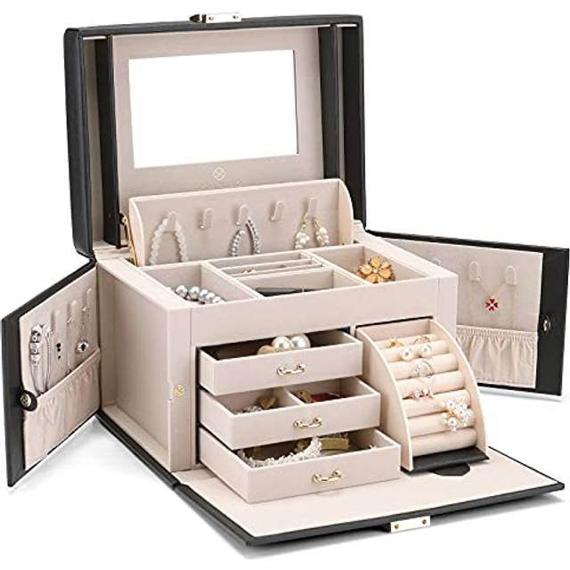 Vlando Faux Leather Jewellery Box Lockable Storage Case for Drop Earrings, Necklaces, with Large Mirror and Storage Drawers,black