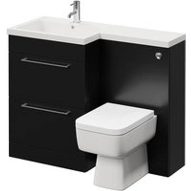 Napoli Combination Vanity Unit Toilet Suite with Left Hand L Shaped 1 Tap Hole Basin and 2 Drawers with Chrome Handles | Matt Black | Plastic | 1100mm