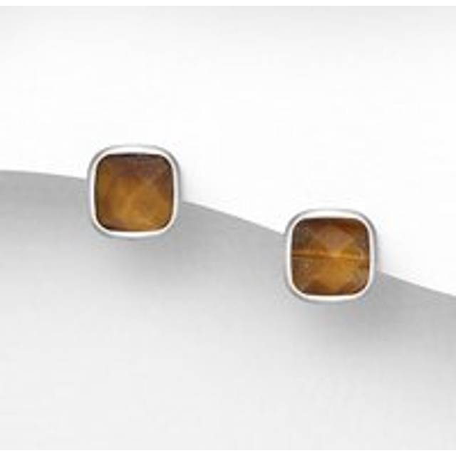 John Greed Signature Silver Tiger's Eye Square Stud Earrings For Women - brown/silver