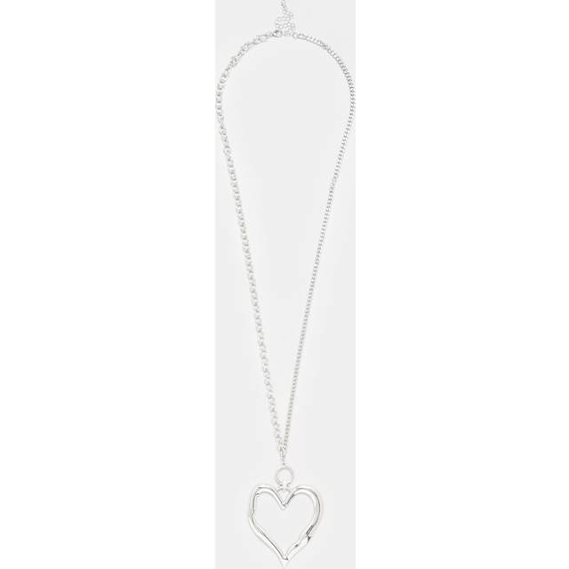 Silver Tone Heart Mixed Chain Long Necklace - One Size