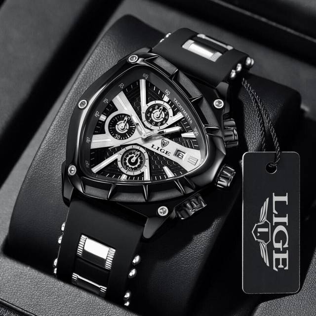 (black) Lige Creative Fashion Men Quartz Watch Top Brand Triangle Dial Leisure Watch Night Glow Waterproof Sports Chronograph - Black