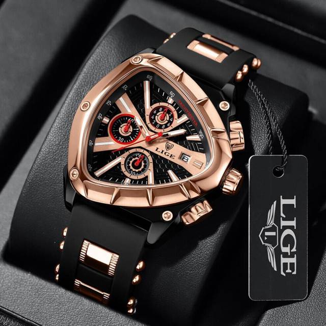 (rose gold) Lige Creative Fashion Men Quartz Watch Top Brand Triangle Dial Leisure Watch Night Glow Waterproof Sports Chronograph - Gold