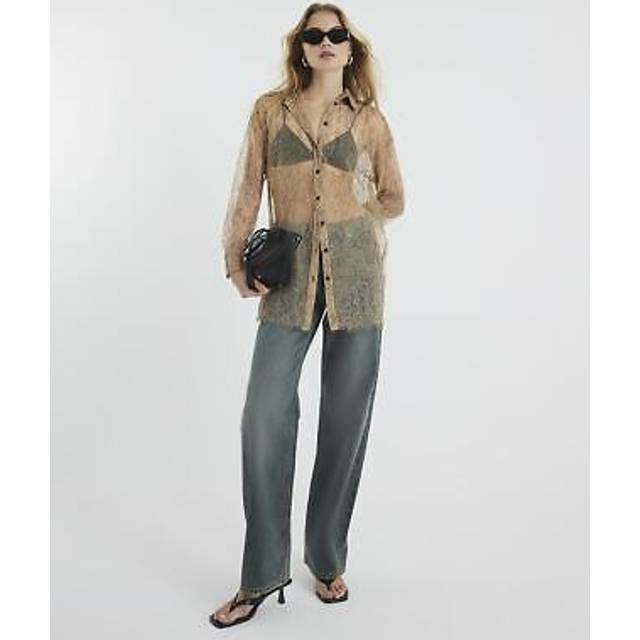 River island womens shirt beige long sleeved sheer lace long sleeve button top
