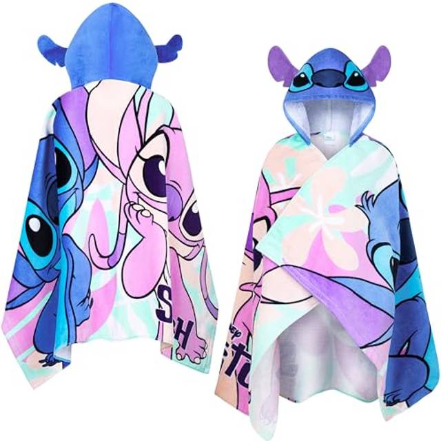 Disney Stitch badhandduk med huva för barn och tonåringar absorberande ombytesrock, ponchohandduk för simning, bad, dusch, strand, handduk, semester, nödvändigheter (blå/flera stygn, 6-14 år)