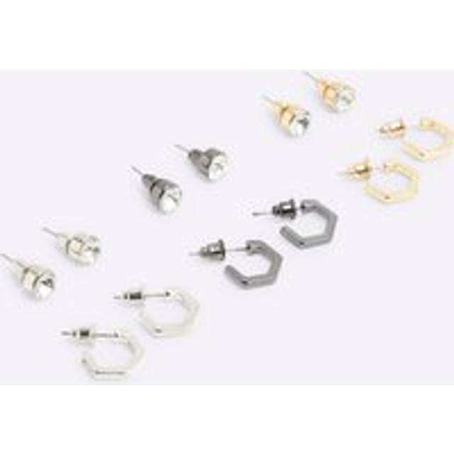 Mens River Island Silver Mixed Metal Stud And Hoop Earrings 6Pk - One Size