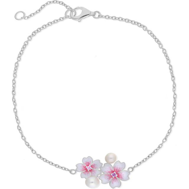 Sterling Silver Pearl & Pink Sapphire Double Cherry Blossom Flower Bracelet