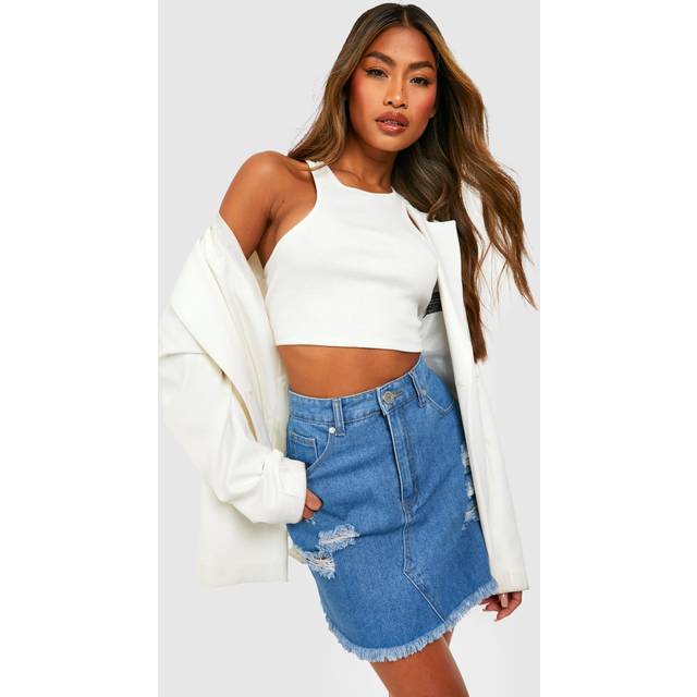 Womens High Waisted Ripped Denim Skirt - Blue - 8, Blue