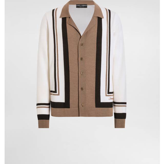 Dolce & Gabbana, Cardigans, male, Multicolor, L, Beige Jumper Shirt Collar Long Sleeves