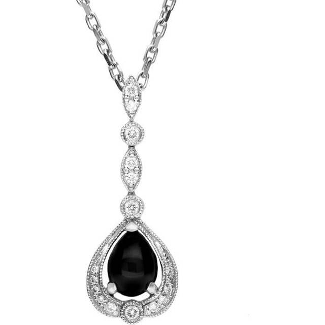 18ct White Gold Whitby Jet 0.16ct Diamond Pear Drop Necklace - White Gold