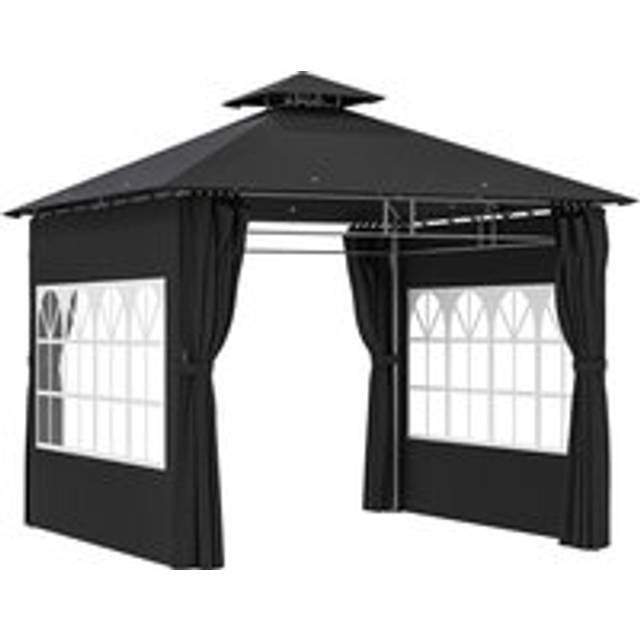 Outsunny 3 x 3 m Garden Gazebo, Double Roof Metal Gazebo with Removable Sidewalls and Church Windows, Outdoor Canopy Shelter, Black