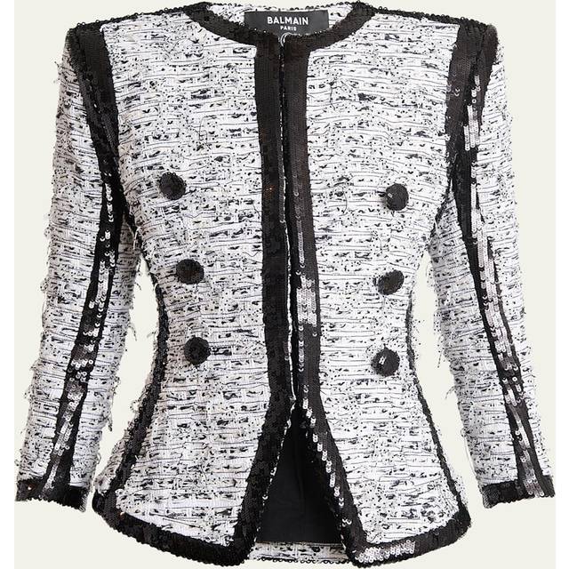Collarless Raw-Edge Sequined Blazer - WHITE BLK - 38 FR (6 US)