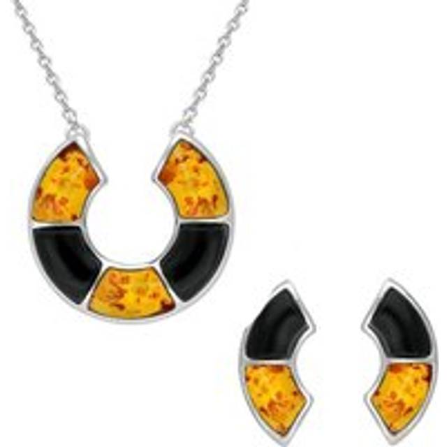 Sterling Silver Whitby Jet Amber Curved Stone Two Piece Set