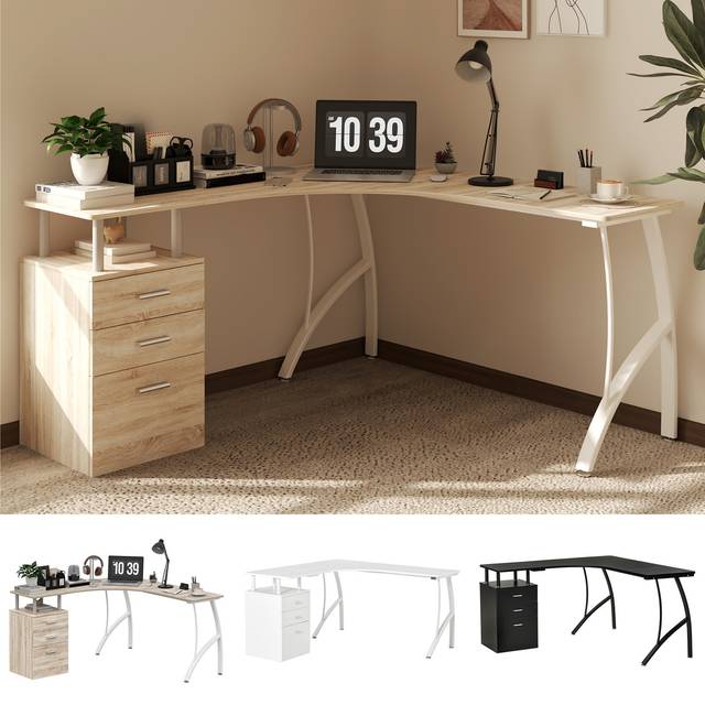 HOMCOM L-Shaped Computer Desk Table with Storage Drawer, Home Office Desk Corner Industrial Style Workstation for A4 Files 143.5 x 143.5 x 76cm, Oak