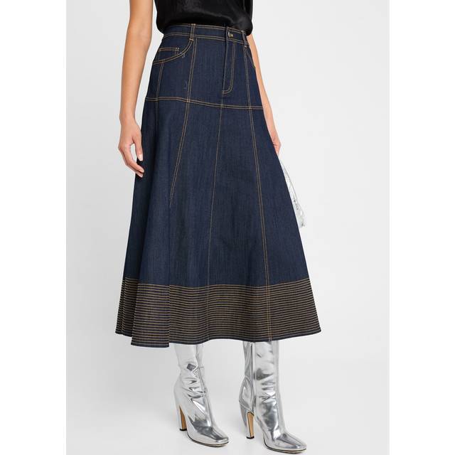 Hester A-Line Denim Skirt with Topstitching - INDIGO - 4