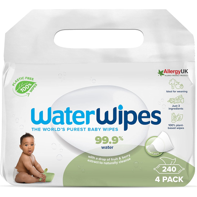 WaterWipes Plastic-Free Textured Clean, Toddler & Baby Wipes, 240 Count (4 Packs), 99.9% Water Based Wipes, Unscented f