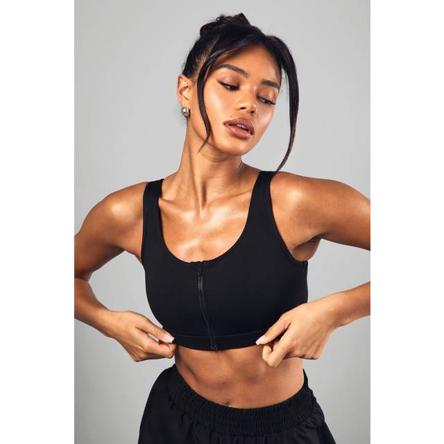 Womens DSGN Studio Sport Zip Front Light Support Padded Sports Bra - Black - S