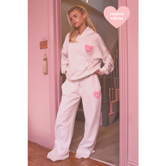 Kaiia Love Heart Graphic Ribbed Waistband Joggers White - cream