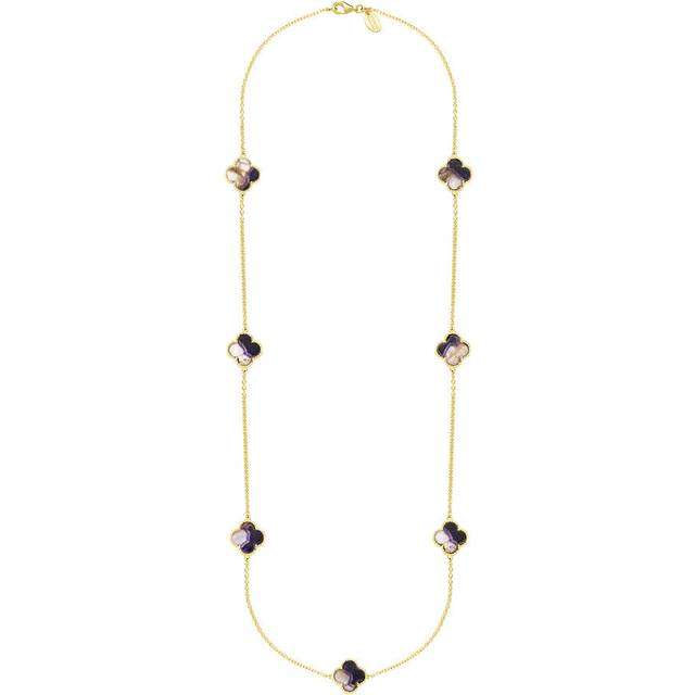 18ct Yellow Gold Blue John bloom Four Leaf Clover Ball Edge Long Necklace