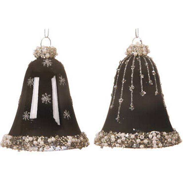 Black glass bell christmas tree bauble ornaments luxury bells silver finish x 6