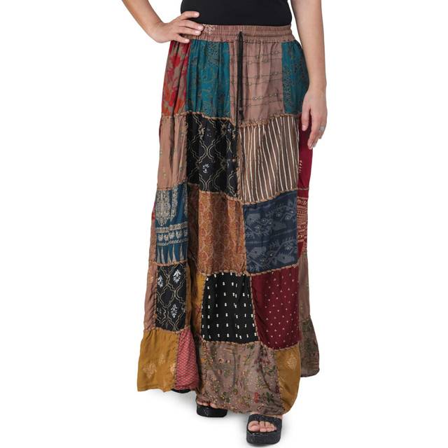 Exotic India Long Printed Dori Skirt from Gujarat with Patch Work - Co