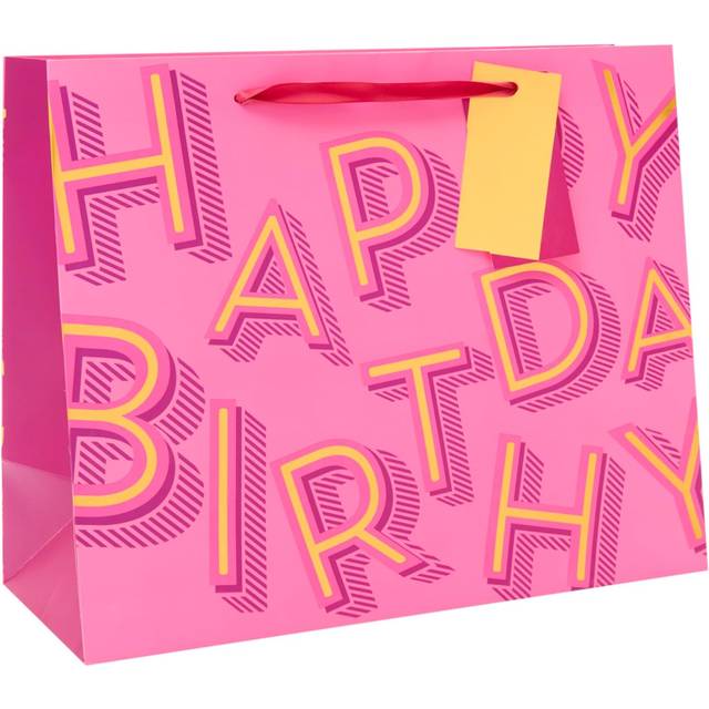 UK Greetings | Large Gift Bag for Her/Friend | Party Bags for Presents | Birthdays/Weddings/Mother's Day | Pink Happy Birthday Design | 33 x 26.7 x 1
