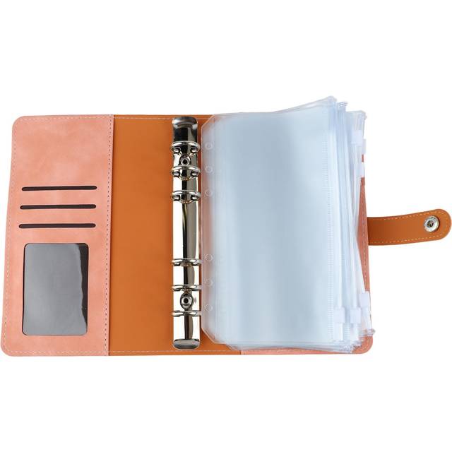 (pink) Budget Binder A6 Multiple Pockets Stainless Steel Rings Pu Leather Cover Portfolio Binder For
