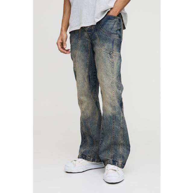 Relaxed Rigid Flare Washed Panelled Denim Jeans - Blue - 30R