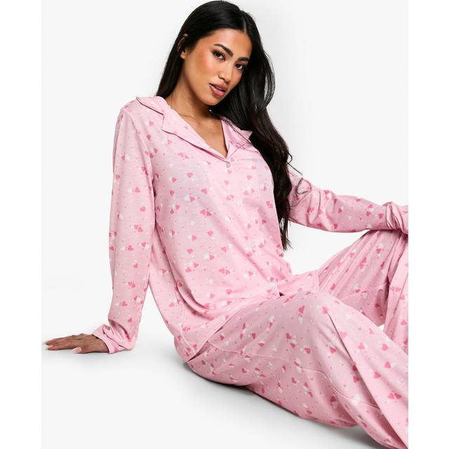 Womens Heart Print Long Sleeve Shirt & Trousers Pyjama Set - Pink - 8, Pink