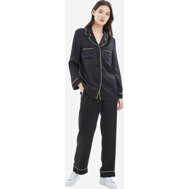 LILYSILK Womens Black Silk Pyjamas UK Pure Silk Skin Friendly Gold Piping Pj Sets XS