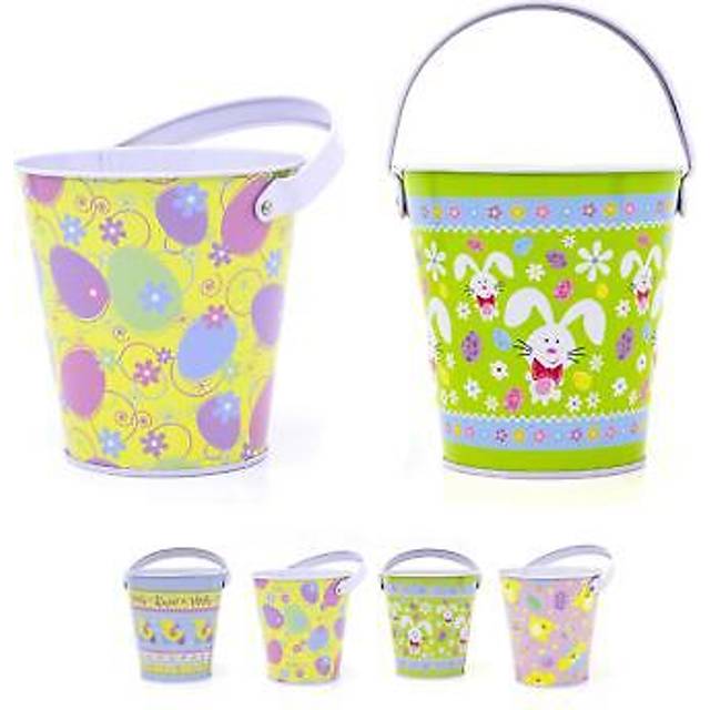 Set of 4 Easter Egg Hunt Bucket Tin | Pack of 4 Easter Basket Tin Easter Egg Collection Bucket With Handle | Candy Bucket Pail Easter Gifts