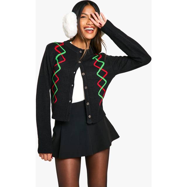 Womens Fairisle Christmas Button Cardigan - Black - S, Black