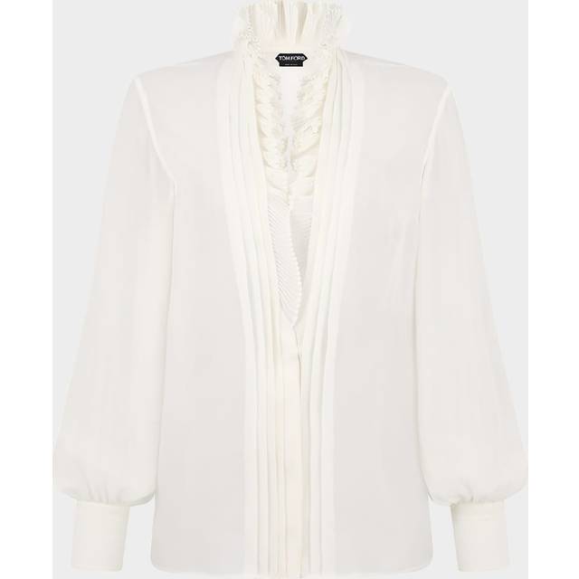 Pleated Puff Sleeve Blouse with Ruffle Trim - CREAM - 38 IT (4 US)