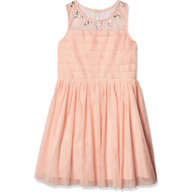 My Michelle Girls' Big Sleeveless Dress with Rhinestone Neckline Pleated Top and Tulle Skirt  Blush  12