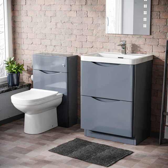 Merton Grey Modern 600mm Basin Sink Vanity and WC Back To Wall Toilet