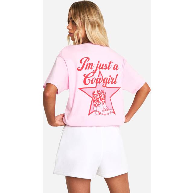 Womens I'M Just A Cowgirl Slogan Printed Oversized T-Shirt - Pink - L, Pink