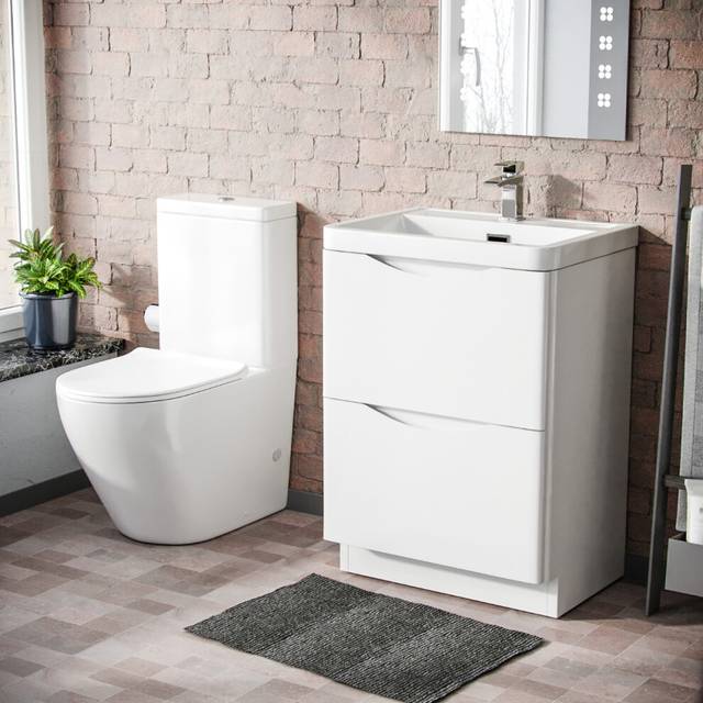 Nes Home White 600mm Basin Vanity Unit & WC Close Coupled Toilet
