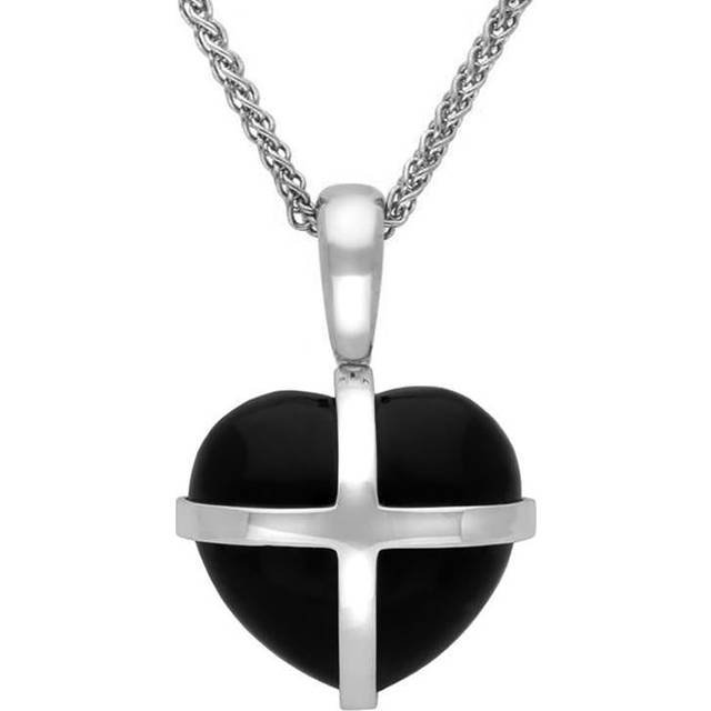 Sterling Silver Whitby Jet Small Cross Heart Necklace - Silver