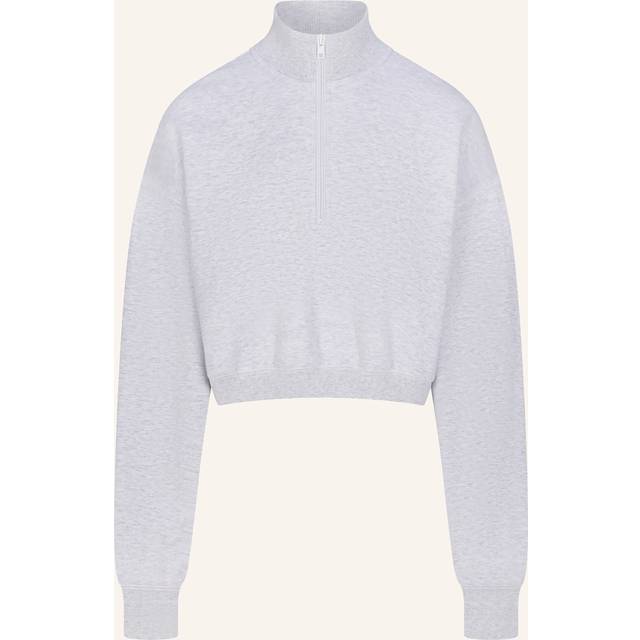 SKIMS Cropped Half Zip Pullover | Grey | Small | Cotton Fleece - Light Heather Grey