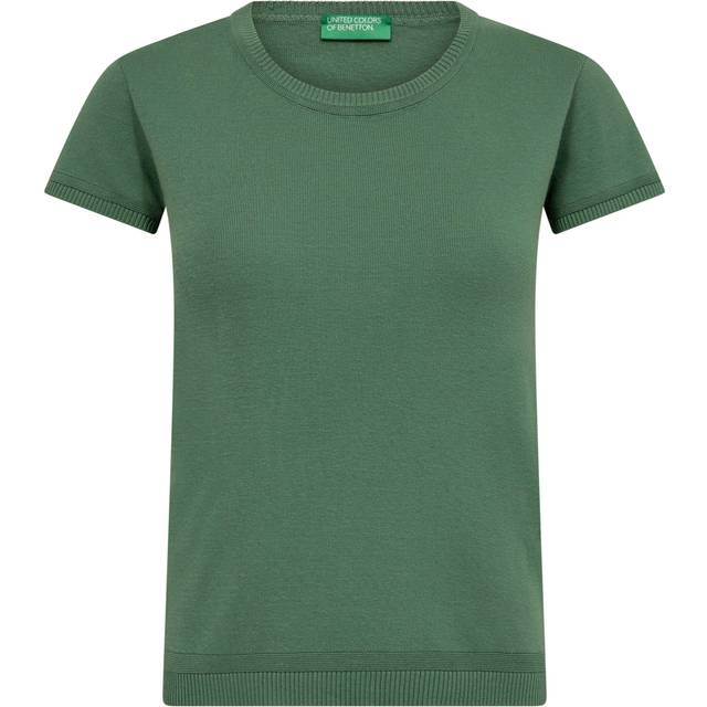 Benetton, Short Sleeve Sweater In 100% Cotton, size XL, Dark Green, Women