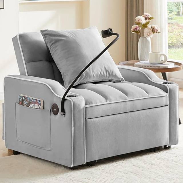 3-in-1 convertible grey sofa bed sleeper chair with adjustable backrest