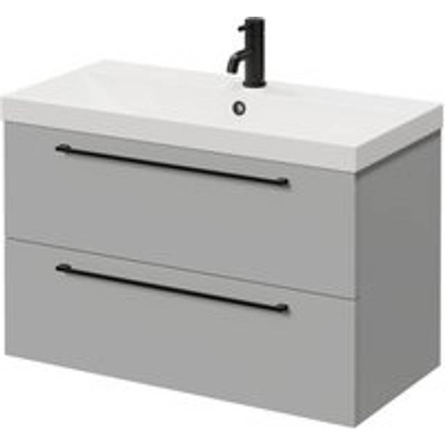 Napoli Wall Mounted Vanity Unit with 1 Tap Hole Slim Edge Basin and 2 Drawers with Matt Black Handles | Gloss Grey Pearl | MFC | 800mm