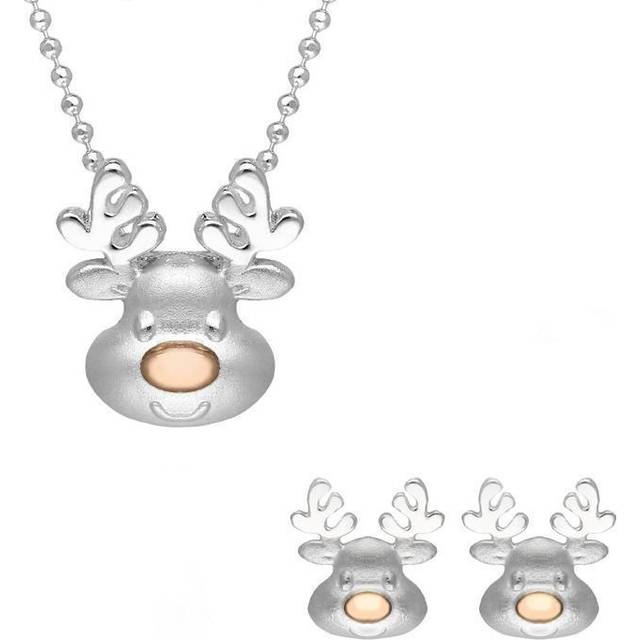 Rose Gold Plated Sterling Silver Reindeer Face Two Piece Set