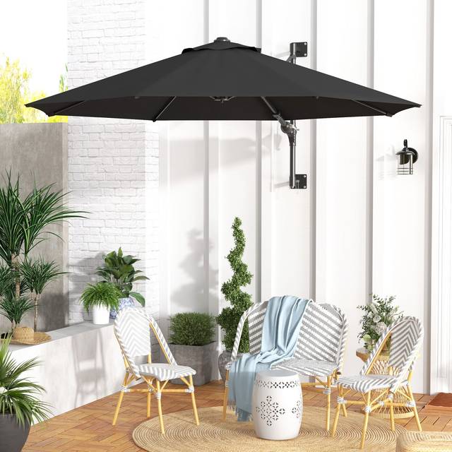 Outsunny Wall Mounted Umbrella With Vent, Garden Patio Parasol Umbrella Sun Shade Canopy, Charcoal Grey