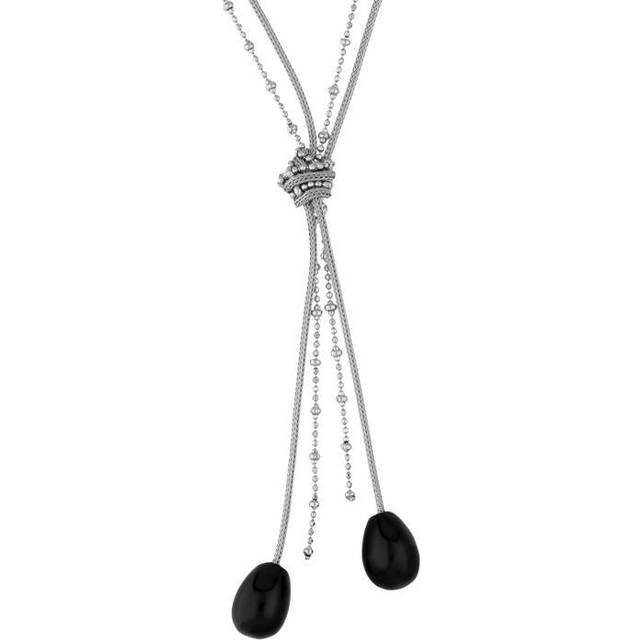 Sterling Silver Whitby Jet Two Pear Shape Knot Tassel Necklace D - Silver