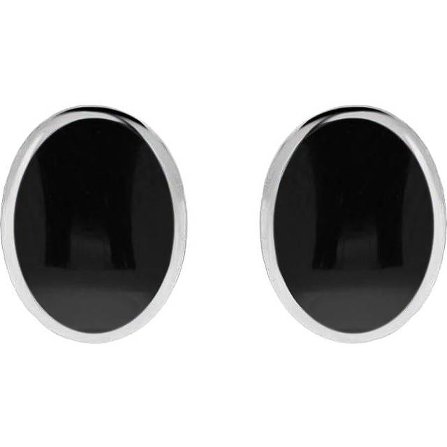 Sterling Silver Whitby Jet Oval Flat Omega Stud Earrings - Silver