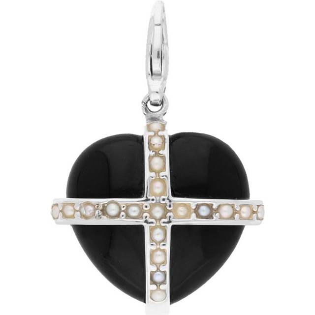 Sterling Silver Whitby Jet Nineteen Pearl Large Cross Heart Charm - Option1 Value Silver