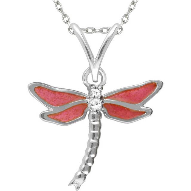 Sterling Silver White Sapphire Red Enamel Style & Fashion Dragonfly Necklace