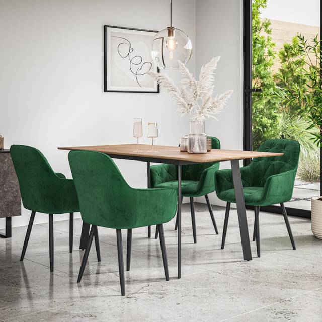 (Green) Haydon Extending Oak Effect Dining Table Set w 4-6 Anika Velvet Chairs
